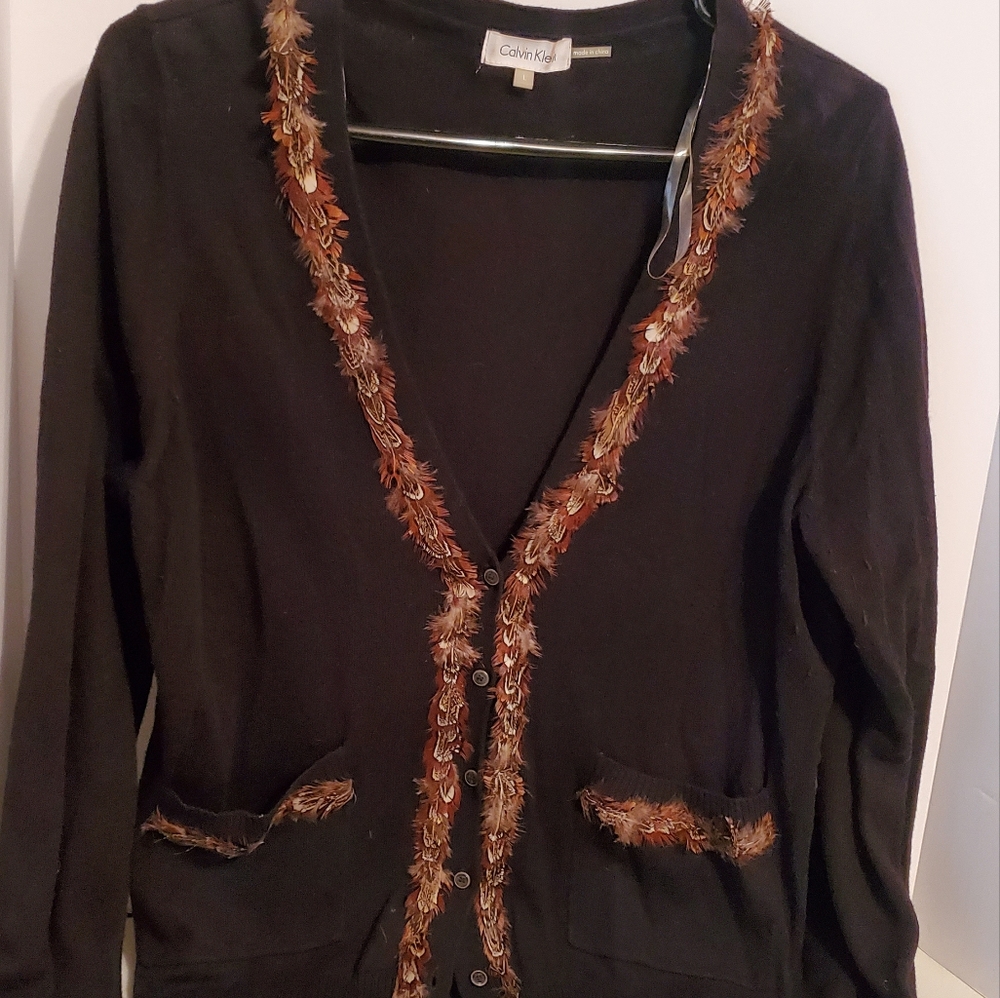 Calvin Klein Black Cardigan with Real Feathers Women's Large